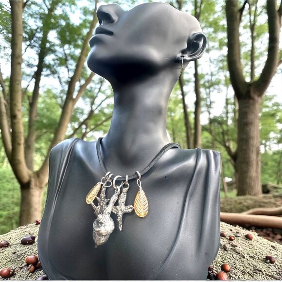 Artisan Woodland Acorn Silver & Gold Leaf Nature Pendant Necklace - Picture 2 of 11